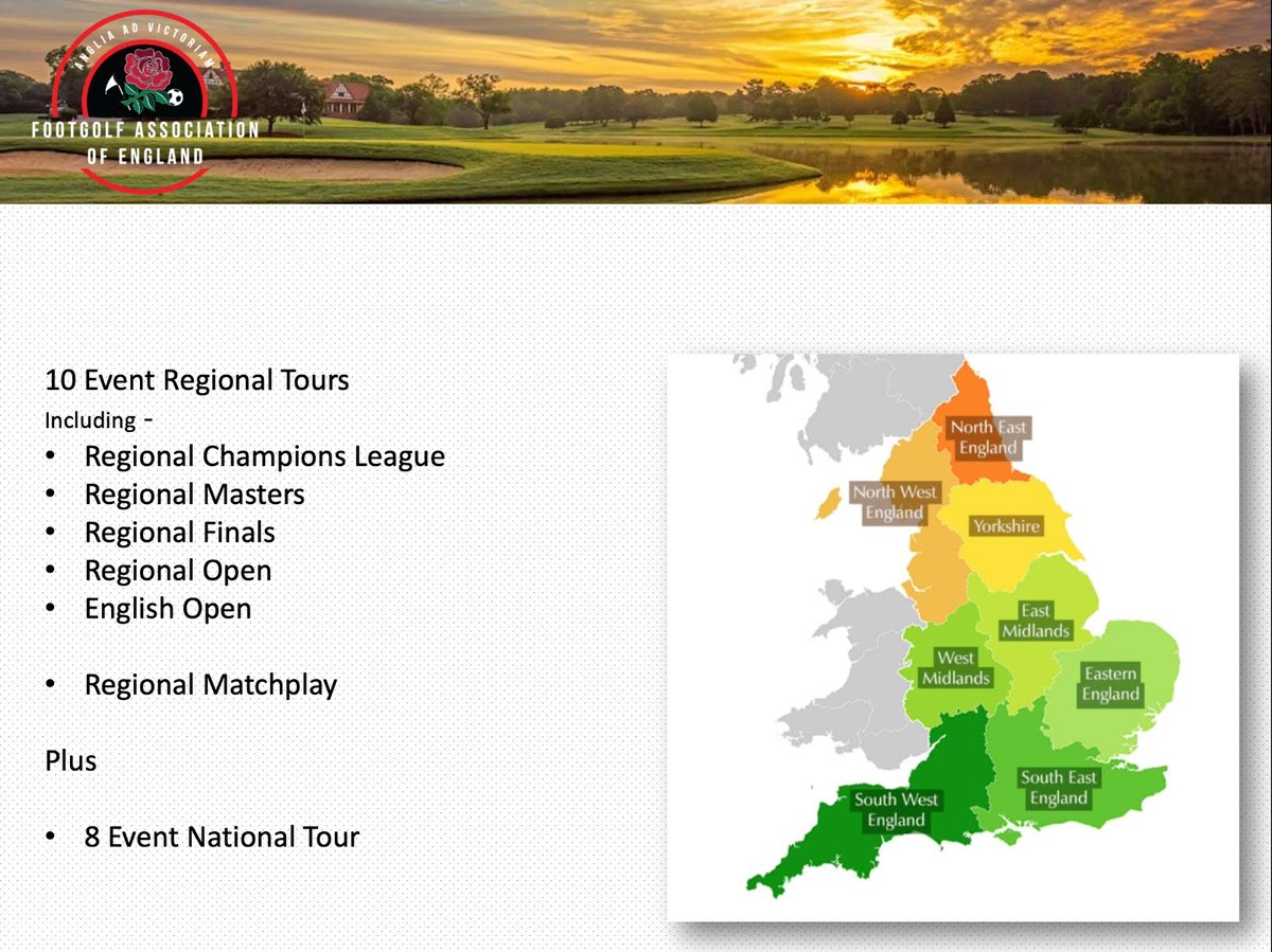 FGAEngland's tweet image. Here are the plans for our National &amp;amp; Regional Tour Structure.

Our Regional Tours will be grouped into 4 main areas across England. Midlands, North, South East &amp;amp; South West.

Each Region will have a 10 Event Tour to regular events, Regional Opens and The English Open.