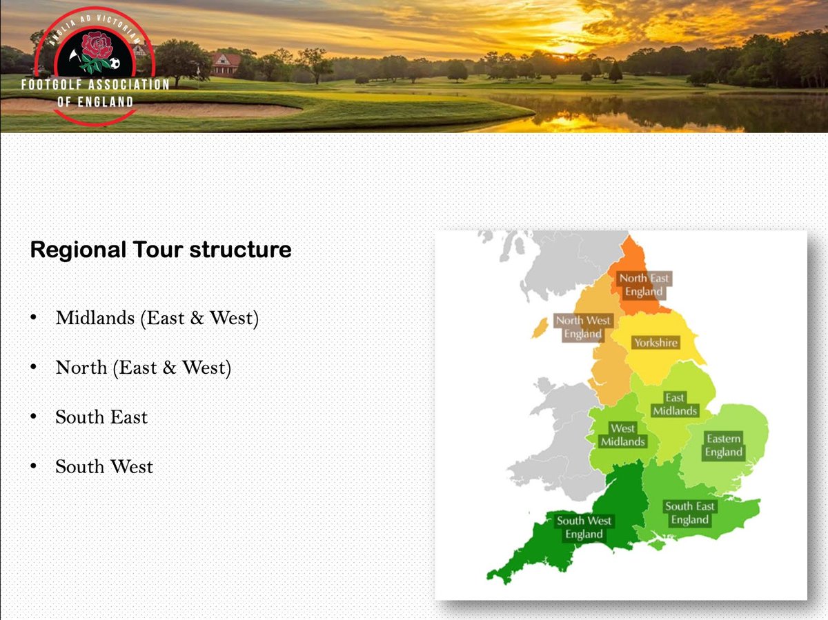 FGAEngland's tweet image. Here are the plans for our National &amp;amp; Regional Tour Structure.

Our Regional Tours will be grouped into 4 main areas across England. Midlands, North, South East &amp;amp; South West.

Each Region will have a 10 Event Tour to regular events, Regional Opens and The English Open.
