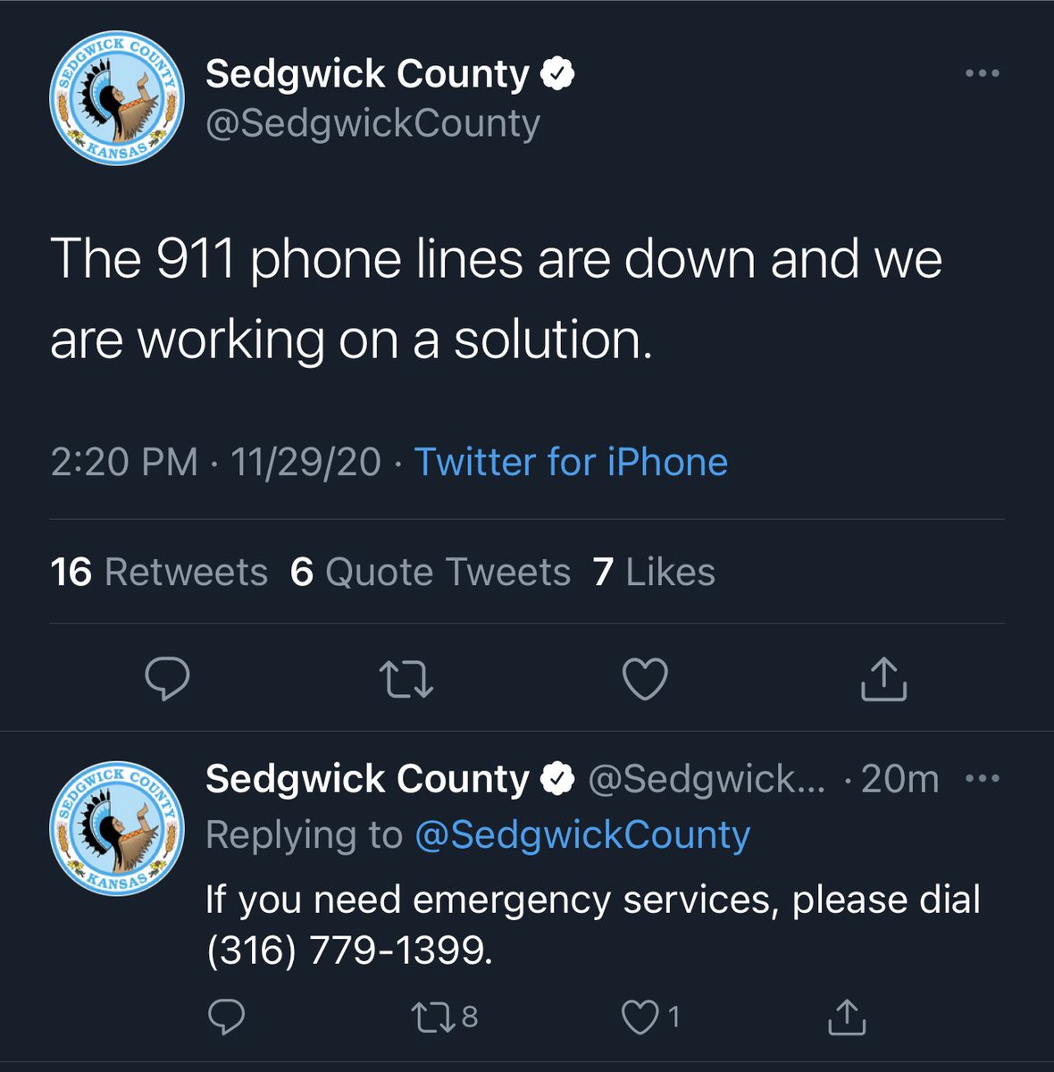 BREAKING | Sedgwick County 911 is currently down. If you need emergency services, please dial (316) 779-1399.