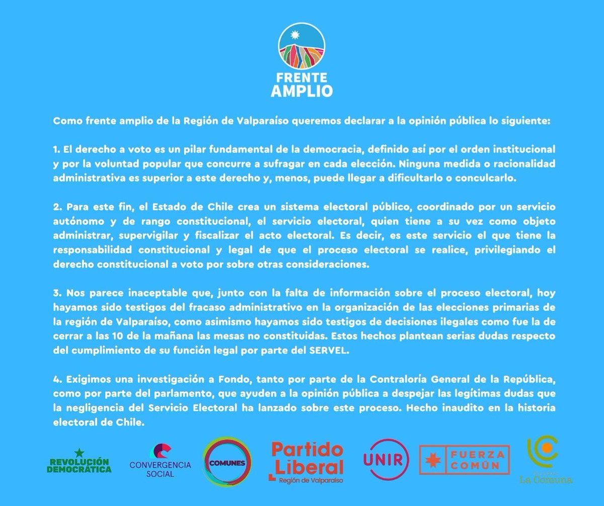ComunesRegValpo's tweet photo. ATENCIÓN ‼️
📣COMUNICADO MESA REGIONAL VALPARAÍSO DEL @elfrente_amplio frente a la situación de no constitución de mesas, inhabilidad de votar y falta con el mayor compromiso de una democracia, el derecho a voto🗳️
#Primarias2020
#primariasfrenteamplio
@ComunesCL https://t.co/27Fouki7es