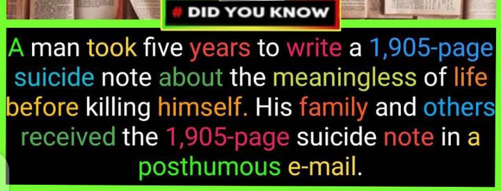 kvngmunnar's tweet photo. Did you know:
A man took five to write a 1,905-page suicide note about the meaningless of life before killing him self 🙄 hmm people https://t.co/JXitCHiUIL
