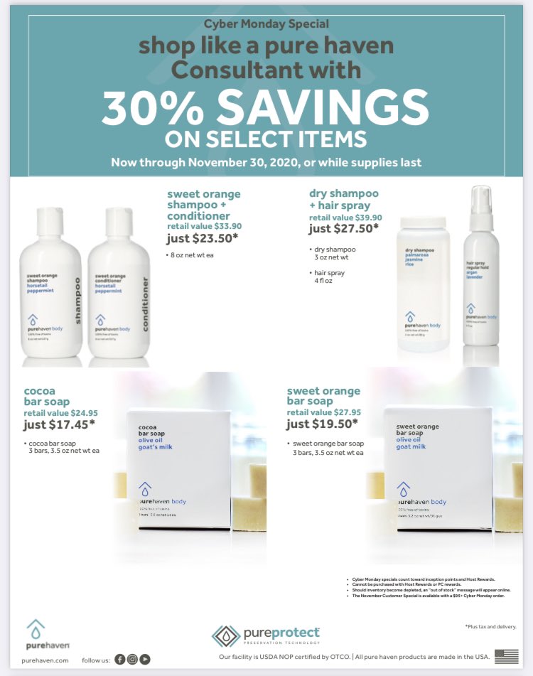 debrunsonJP's tweet photo. Black Friday and Cyber Monday specials! 30-50% off select products! 💚🖤🎁🎉 #BlackFriday #CyberMonday #holidayshopping #organic #nontoxicdeb #purehaven https://t.co/dWFcOdg1rD https://t.co/sGR9xIitaN
