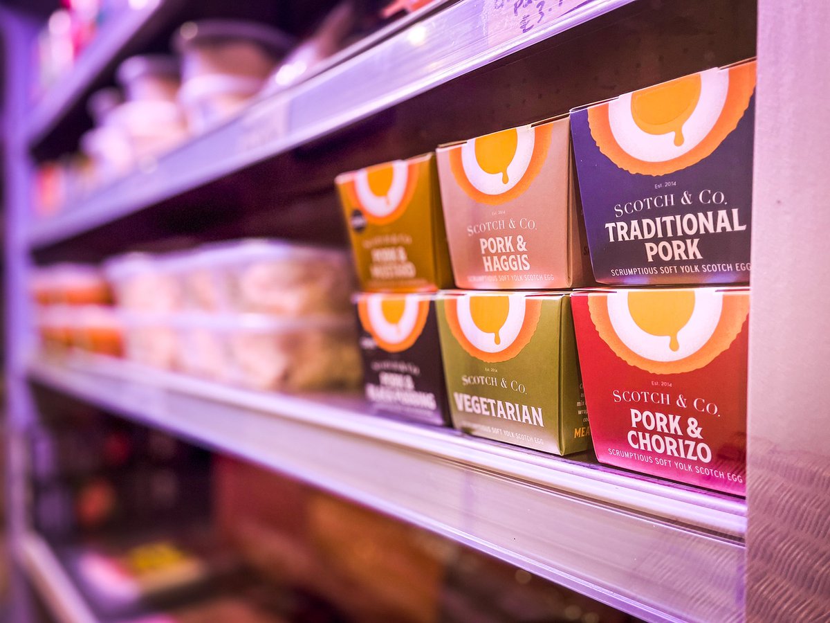 Available now via <a href="/TheCressCo/">The Cress Co.</a> . Our unique soft yolk scotch eggs, in our new individual biodegradable packaging. Six shelf ready, striking designs for our six stunning flavours, ready to grab and go. #wholesale #scotchegg #grabandgo