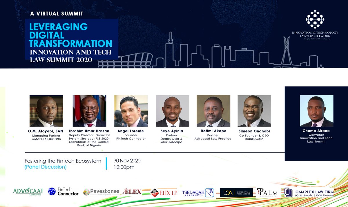 InnovationandT1's tweet photo. 1 day to go!!
Join our panelists as they share their insights on "Fostering the Fintech Ecosystem" at the 2020 Innovation and Tech Law Summit. Registration is still open: https://t.co/qQ9F6LKuOE.
#Fintech #DigitalDisruption #LawMeetsTech #LawSummit #Technology #Nigeria https://t.co/FjArmIxTdm