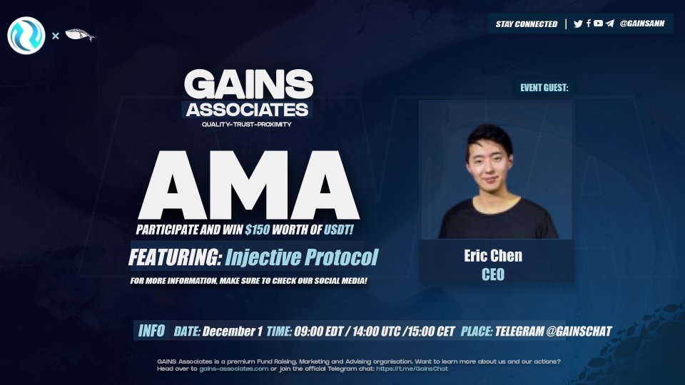 GainsAssociates's tweet photo. Welcoming Eric Chen from @InjectiveLabs — QUIZ &amp; AMA
Ask questions below now and on Telegram (https://t.co/0YDzSg84Y8) on D-day for a chance to win one of the $15 $USDT prizes!
in order to win, retweet this message and tag 2 friends.
#crypto #blockchain #GAINSAMA #DeFi https://t.co/Qr1EhF362u
