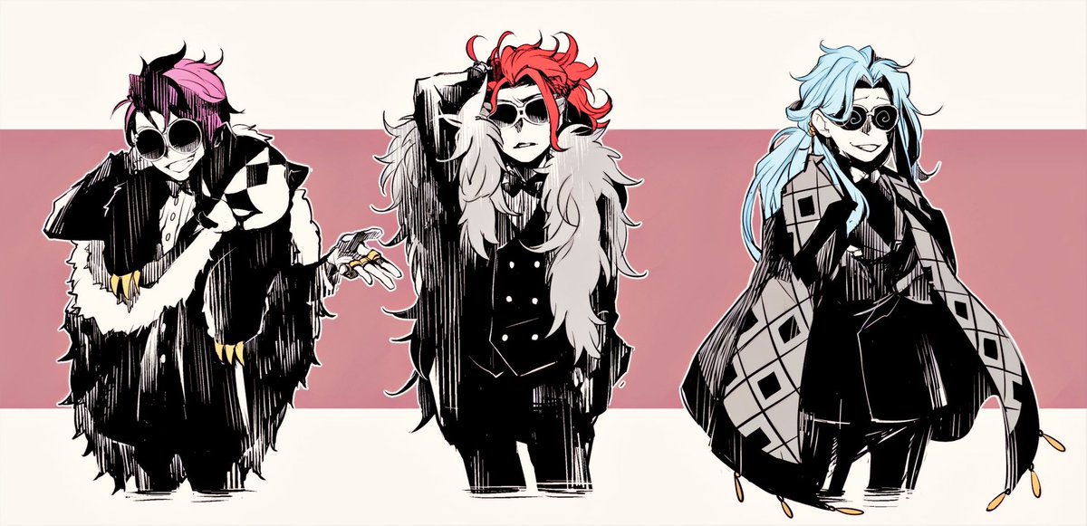 3boys multiple boys blue hair sunglasses red hair long hair formal  illustration images