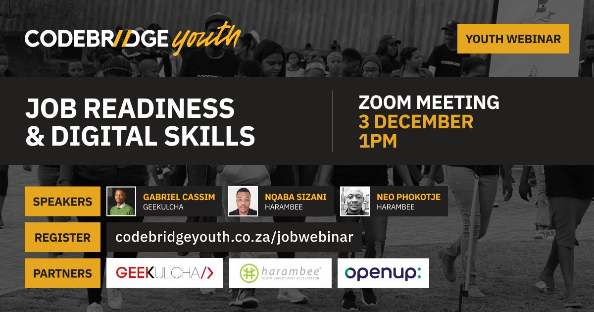 codebridge's tweet image. Join us this #Thursday as we talk about how to prepare for the job space. Do you know how to write a CV? Think you can ace an interview?
We look at job readiness as well as digital skills!
Register here: forms.gle/GVcVPouFBCJRbJ…