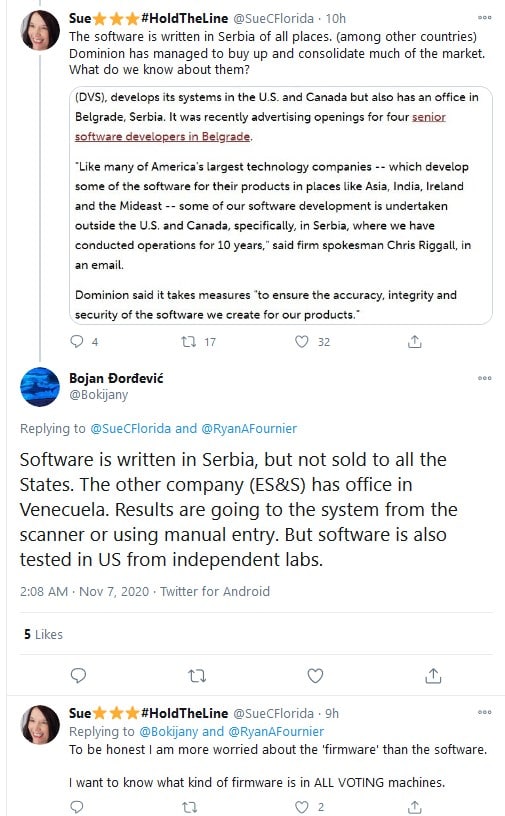 In charges against election fraud brought by  @SidneyPowell1 Serbia is repeatedly mentioned. I have already revealed that the software for Dominion voting machines was made in Serbia, which was also confirmed on my Twitter account by Bojan Đorđević, 