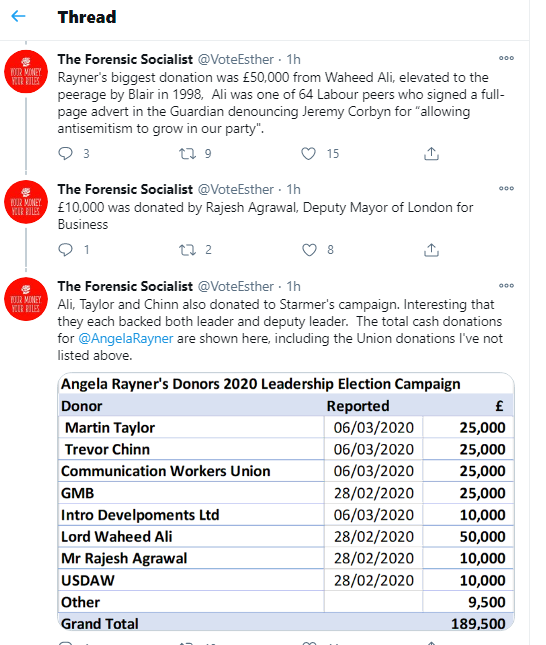 beingrichard's tweet photo. What Labour doesn't need is leadership pursuing agendas based on wishes of indivicual donors. #Rayner #Starmer had large donations from individuals in a way #Corbyn, #Burgon #LongBailey didn't. Corruption & coercion loom karge - only a new leadership challenge can see them off. https://t.co/3AZu4wYYI1