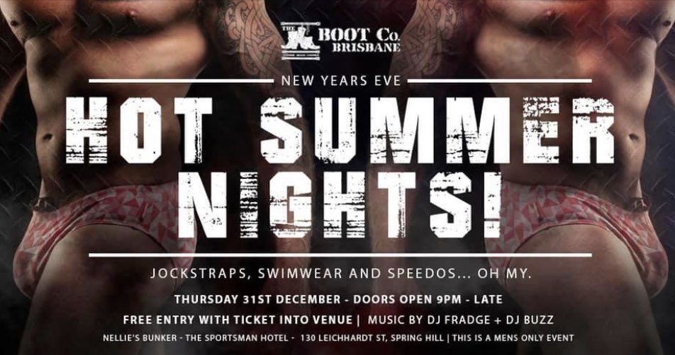 BootCoBrisbane's tweet photo. #Bootco Hot Summer Night NYE Bunker Party! @Sportsman_Hotel
Theme is “minimal” jocks/speedos encouraged, but fuckit, if u wanna come in full BLUF, who are we to argue?
JUST COME! More details on our FB page or DM.
Male only space #gay #NYE2020 #Brisbane #leather #kink https://t.co/Zr33vcLMjK