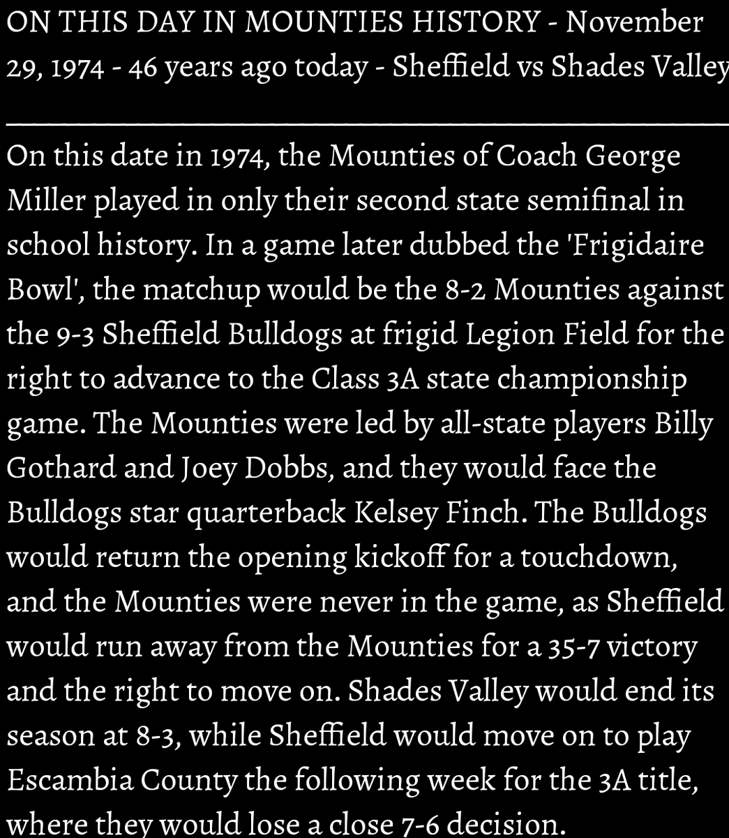 svmounties's tweet photo. ON THIS DAY IN MOUNTIES HISTORY - November 29, 1974 - 46 years ago today - Sheffield vs. Shades Valley at Legion Field #100SeasonsofMountieFootball
#GoMounties ๐ดโซ https://t.co/r2Nt3Ltq43
