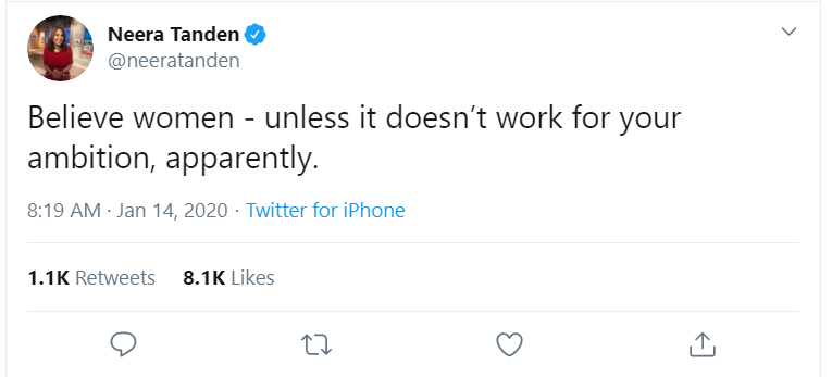 On Twitter Neera Tanden Before Biden Was Credibly Accused Of Rape Vs Neera Tanden After Biden Was Credibly Accused Of Rape