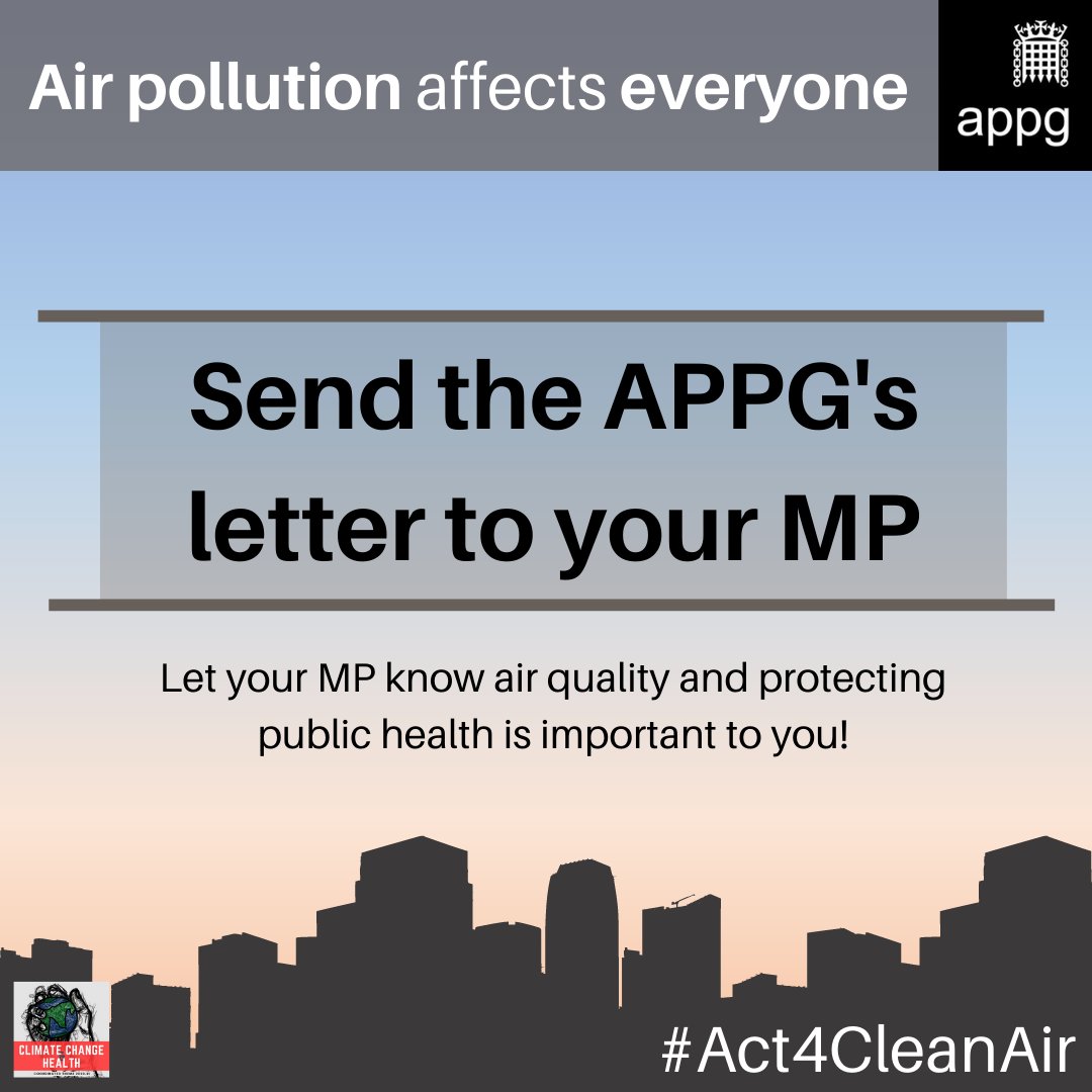 Support the #AirPollution APPG! 

We want changes to the Environment Bill to include:
- Annual government report on air quality
- Legally-binding air quality limits
- Inclusion of indoor air quality 

Message your MP:
appgairpollution.org/events/campaig…

#Act4CleanAir #climatechange