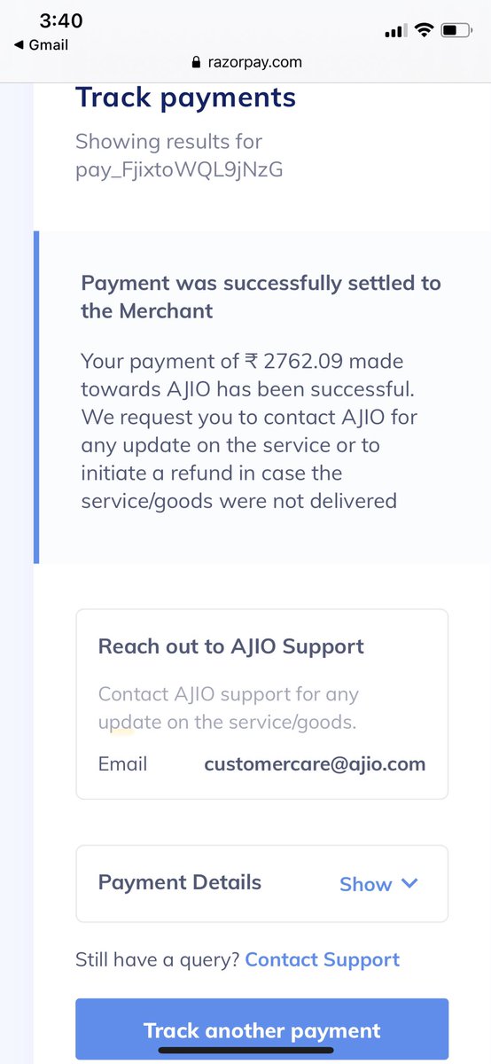 akanksharwt's tweet photo. @Razorpay it’s been two months merchant AJIO was told me that refund money was manually refunded through razor pay Id . I did my transaction on 1 oct which was successful to merchant n till now no refund is done https://t.co/e9jrt1v2UW