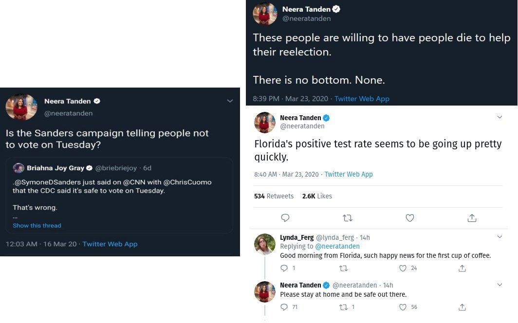 Neera Tanden, questioned CDC recommendations not to congregate in large groups while pushing in-person voting in March.But quickly reversed her position when 'belief in science' advantaged her chosen candidate.