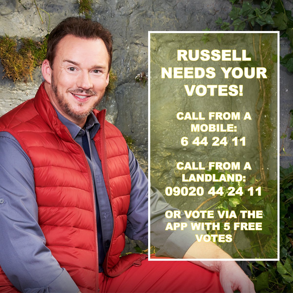 🚨Voting lines are back open and you have another 5️⃣ free votes on the <a href="/imacelebrity/">I'm A Celebrity... Get Me Out Of Here!</a> App! 🚨

To keep Russell in the Castle 🏰 call:

☎️Landline: 09020 44 24 11
📱Mobile: 6 44 24 11

#TeamRussell #imaceleb #imacelebrity #RussellWatson