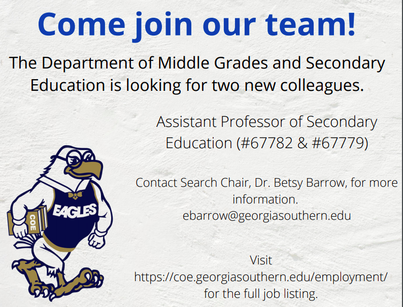 betsybarrow's tweet photo. There is still time to apply for the two Assistant Professor of Secondary Education positions (67779 &amp; 67782) at Georgia Southern University. Screening begins in ONE week. @GeoSouthernCOE @GeorgiaSouthern @AERA_EdResearch @AERASocialStud1 @AERADivisionK @CUFANCSS @CUFASoCForum https://t.co/fDoCL6bGKm