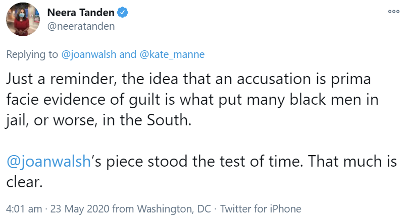 Neera Tanden used an unbelievably awful race analogy in order to defend the sexual assault accusation of Tara Reade.