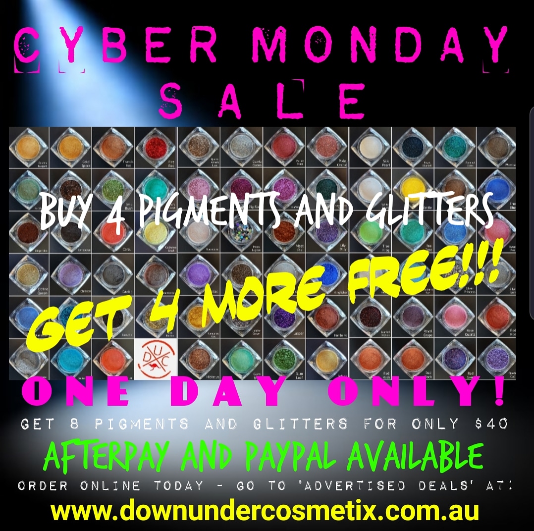 DCosmetix's tweet photo. CYBER MONDAY DUC PIGMENTS &amp; GLITTERS SALE!
ONE DAY ONLY!
BUY ANY 4 OF DUC PIGMENTS &amp; GLITTERS &amp; GET 4 MORE FREE! 
AFTERPAY &amp; PAYPAL AVAILABLE 
Order online at:
https://t.co/vh3p2d3rDA
Go to 'Advertised Deals'
When checking out add your selected pigments &amp; glitters in the comments https://t.co/eUzoQw5Fvs