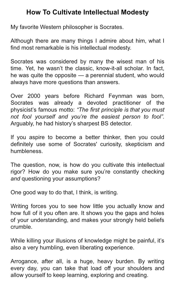 In today's essay I talk about my favorite Western philosopher and how writing can help you be a little bit more like him. Shoutout to  @david_perell for helping me realize how writing can help you be a better thinker. (14/30)