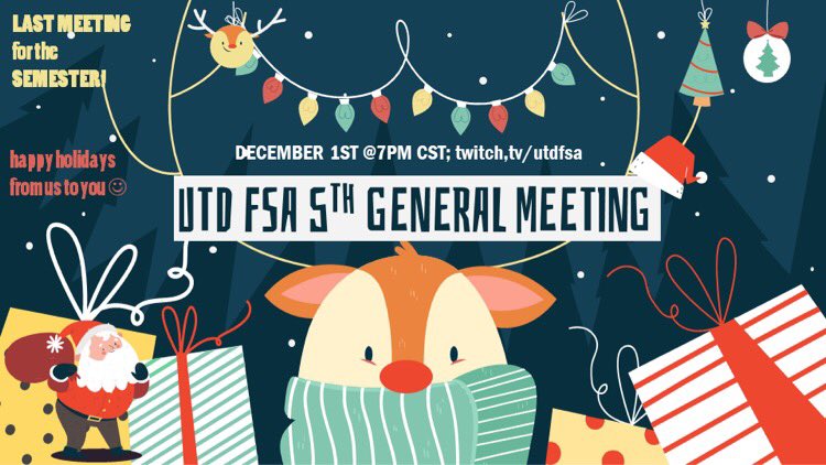 FSADallas's tweet photo. join UTDFSA for our last meeting for the semester DEC 1ST @7PM on https://t.co/Vv41s5gX6i! in the meantime, enjoy the rest of the semester &amp; have fun with your friends, families &amp; pamilyas!! be sure to check up w everyone &amp; stay safe during the holidays:)) 🎄🎁🎉🥳🥰 https://t.co/wqR0Njiicl