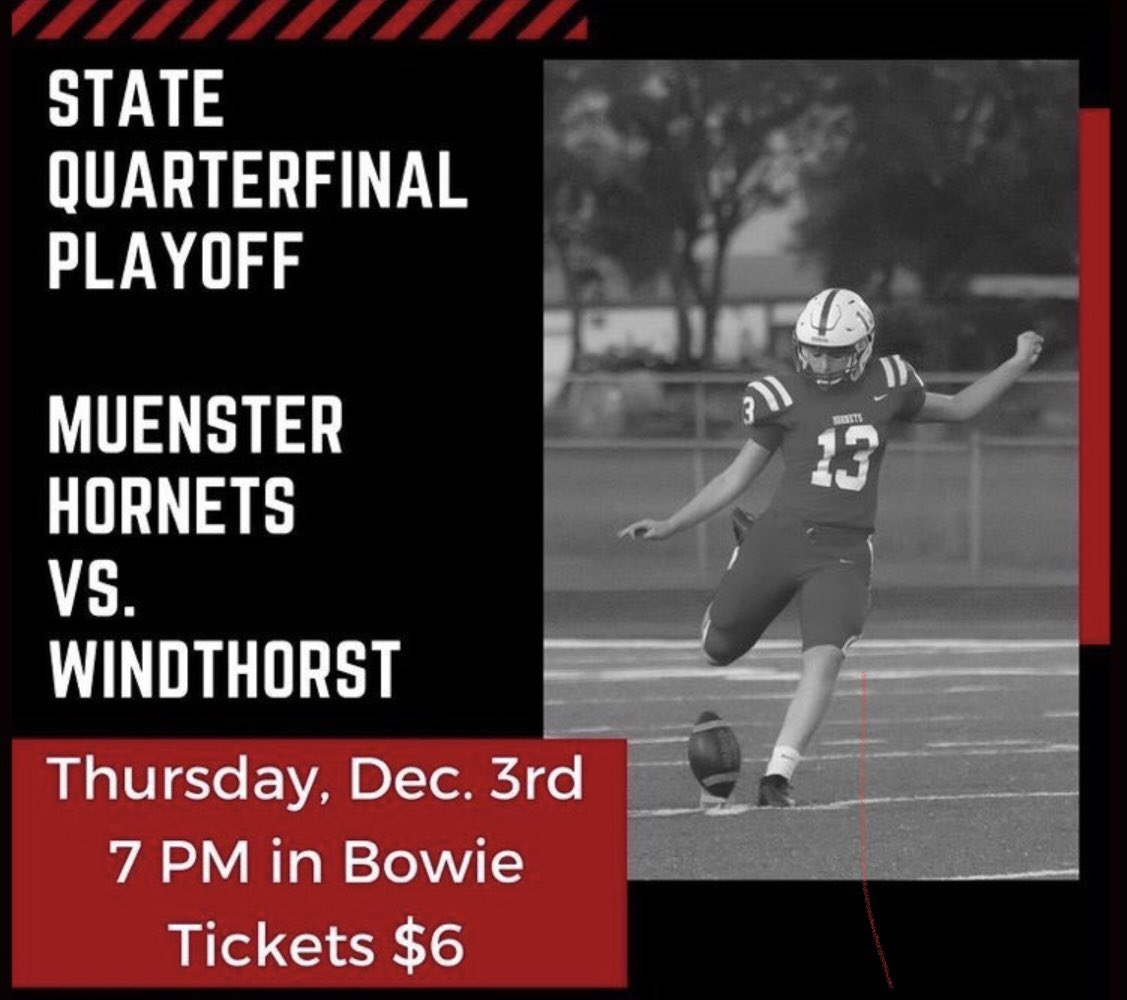 Muenster_alum's tweet photo. Hey Hornet fans!! Head on out to Bowie Thursday night and cheer on our team, coaches, cheerleaders and students!  RED MACHINE, RED MACHINE GO!!  GO!! https://t.co/U7NKk5EGy0