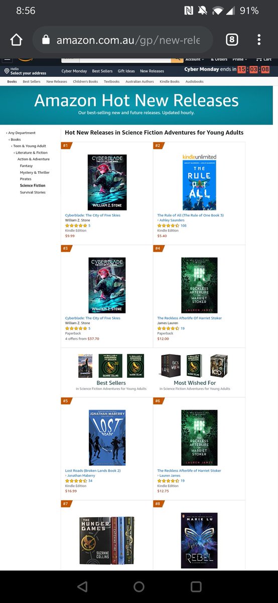 It's official folks, my book Cyberblade is now outselling the Hunger Games in certain categories. Couldn't be happier with my launch yesterday! ,🎉🎉🎉