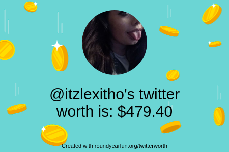 itzlexitho's tweet image. My Twitter worth is: $479.40

Find yours with clockurl.co/key/twitterwor…

⠀