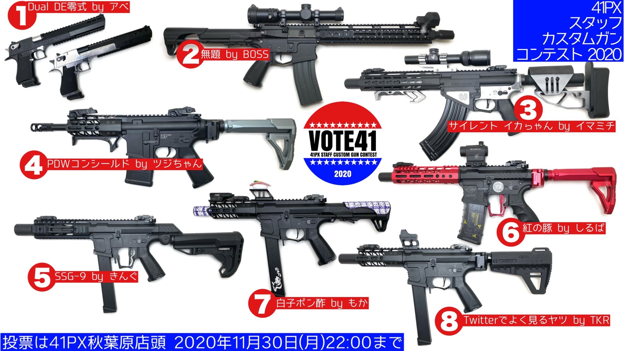 41px 本部 サバゲーするときぼくらは自由だ 在 Twitter 上 いよいよ本日投票締切 41スタッフがカスタムセンスを競う 41pxスタッフカスタムガンコンテスト 本日11月30日 41px秋葉原店頭 22 00投票締切 投票者にはもれなくステッカー 優勝作品の投票者