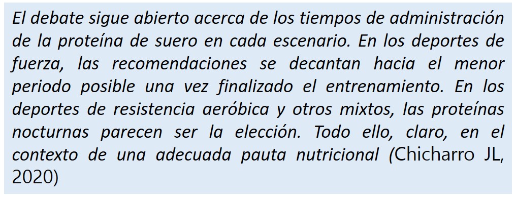 El debate sigue abierto acerca de los tiempos de administración de la proteína de suero en cada escenario. En los deportes de fuerza, las recomendaciones se decantan hacia el menor periodo posible una vez finalizado el entrenamiento. En los deportes de resistencia aeróbica y ...