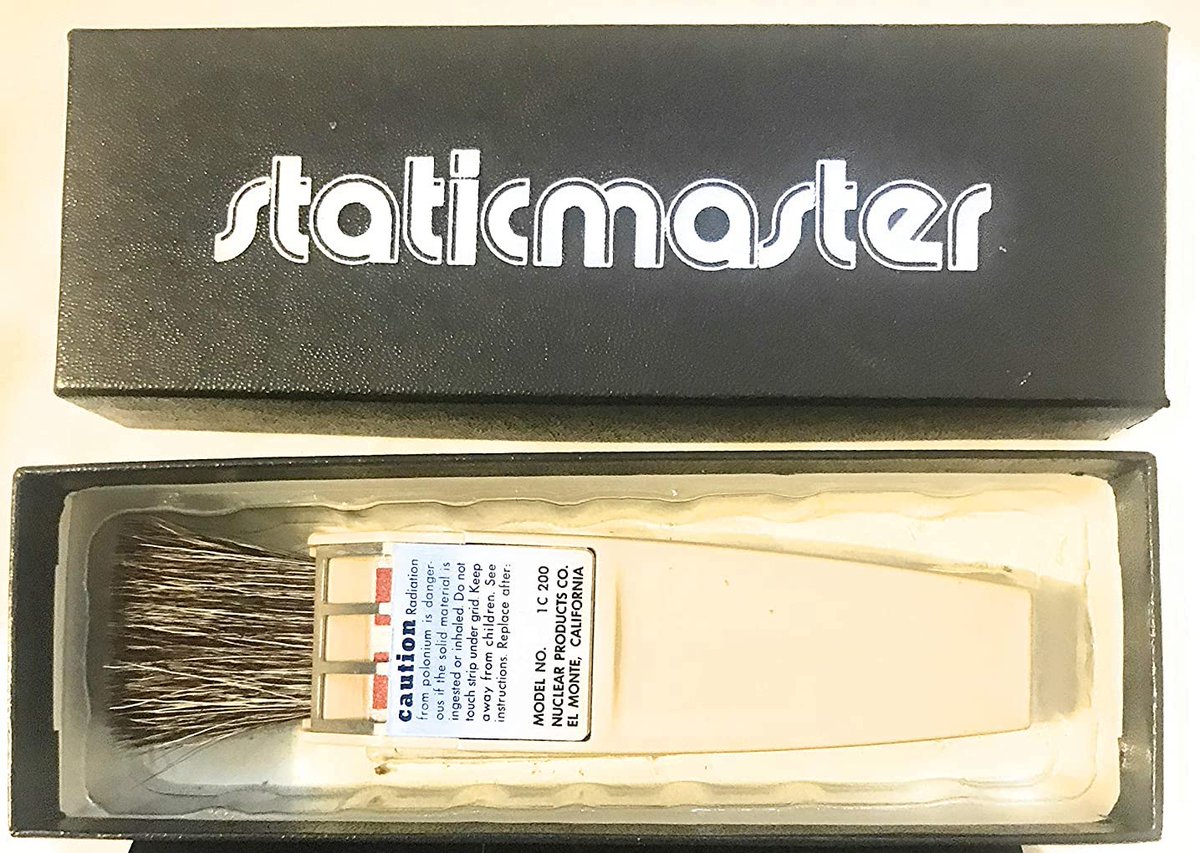 Polonium  #elementphotos. All isotopes of Po are radioactive, and the only source of Po I could find were "Staticmaster" brushes, like the one shown below. These contain Po-210 strips emit alpha particles which ionise the air and help remove static on e.g. vinyl records. 1/2