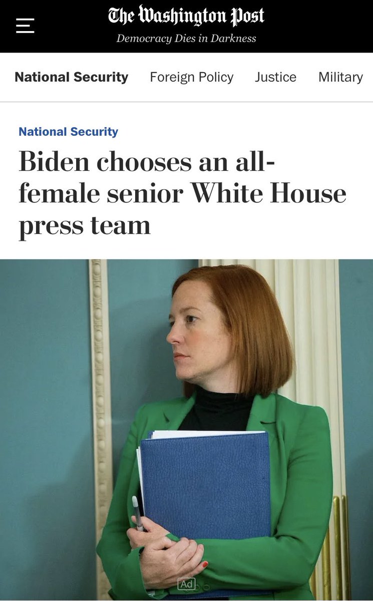 President @realDonaldTrump already has an ALL FEMALE Senior White House Press Team. So does @VP... So does @FLOTUS... So does @SecondLady... The completely DISCREDITED @washingtonpost once again reveals their blinding propagandist Fake News proclivities ⬇️