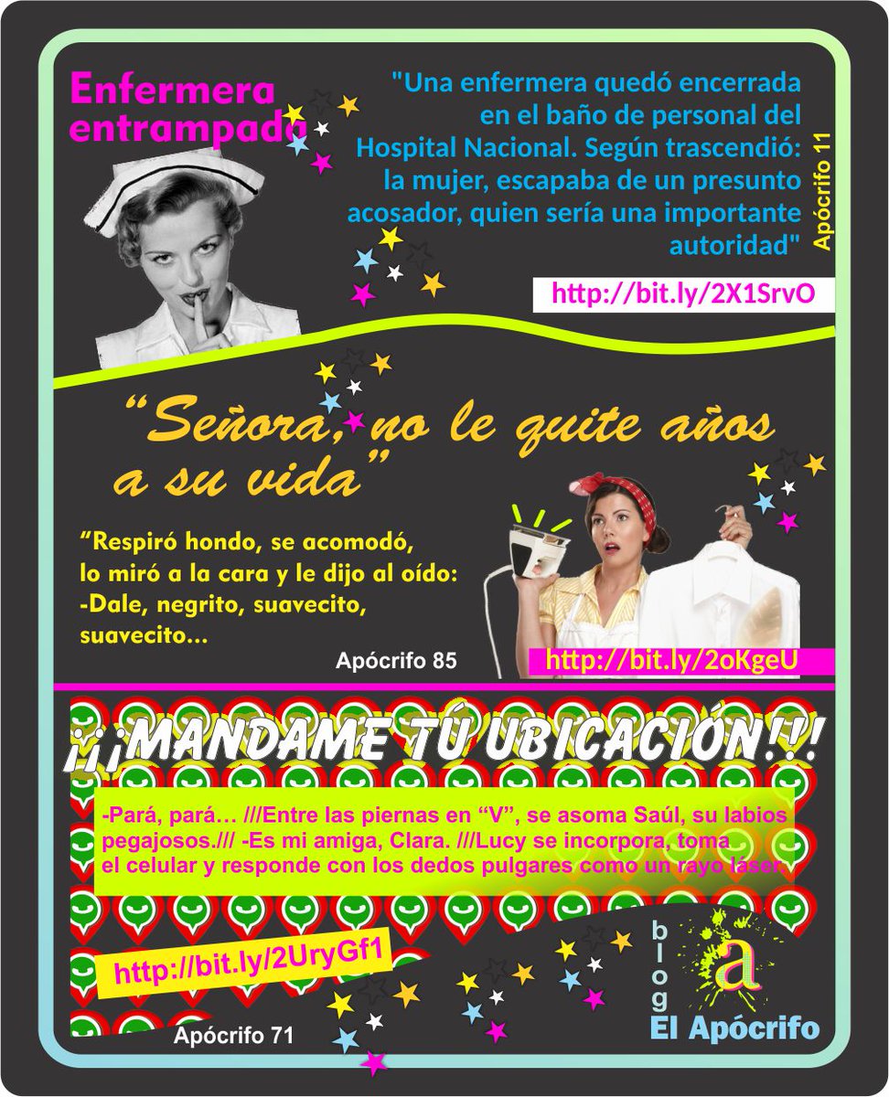 El Apócrifo
1) "Insólito: Enfermera entrampada" - https://t.co/SbuXSxDFz8
2) "Mandame tu ubicación" - https://t.co/bAsuRkRnzG
3) "Señora, no le quite años a su vida" - https://t.co/Uo0kERgYRw
#YoMeQuedoEnCasa #Coronavirus https://t.co/3QoKL10YRN