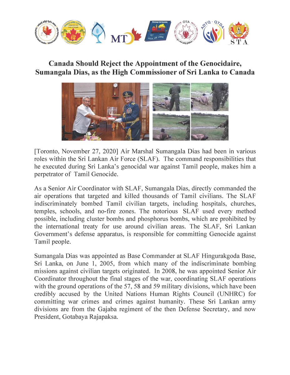 Mistamils's tweet photo. Canada Should Reject the Appointment of the Genocidaire,
Sumangala Dias, as the High Commissioner of Sri Lanka to Canada.

Tamil Canadians need your help.
Please sign the petition

https://t.co/f1Rlmm4naW https://t.co/mGSgPShGpa