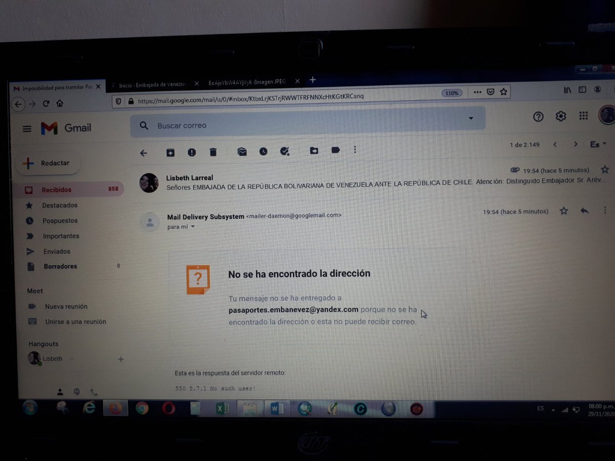 LisbethLarreal's tweet photo. @EmbaVEChile Por favor REVISEN..!!!
Esa cuenta de correos NO EXISTE..!!
Hoy envié correo con notificación de imposibilidad de tramite de pasaporte y solicitud de atención, y recibí el msj que la dirección de correo <pasaportes.embanevez@yandex.com>, NO EXISTE..!! (VER PRINT DE PANTALLA).
👇🏻👀 https://t.co/uJoVcCSGbE