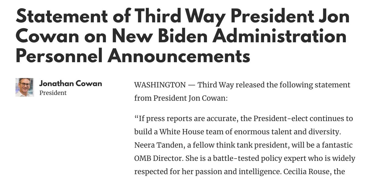 Third Way previously received funding from Wall Street and Koch Brothers. The centrist think tank is backed by health care, pharmaceutical, & other corporations and aggressively opposed Bernie Sanders' platform.They are very pleased with Biden picking Neera Tanden for OMB.