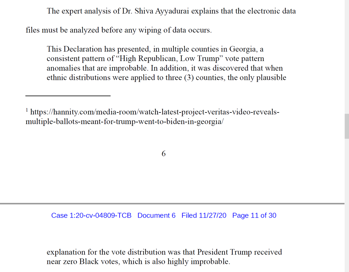 Oh, good, now we've got the "expert" "analysis" of Dr. Shiva Ayyadurai. Dr. Shiva is a noted kook, unlikely to qualify as an expert in shoe-tying let alone election analysis, and I'm sure there was nothing racist at all about applying "ethnic distributions" to 3 counties.