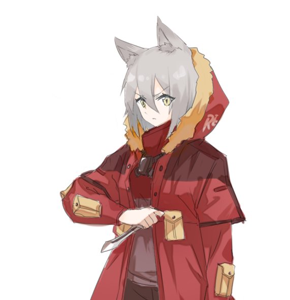 projekt red (arknights) 1girl animal ears grey hair wolf ears jacket shirt knife  illustration images