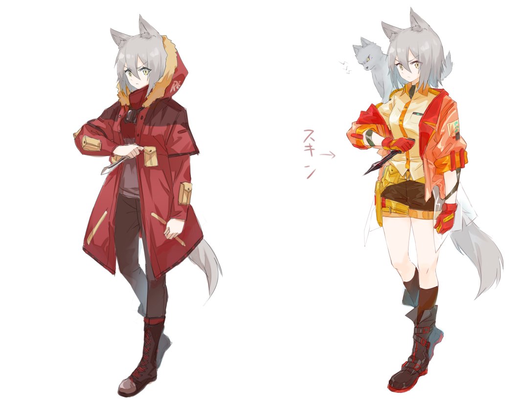 projekt red (arknights) 1girl animal ears grey hair wolf ears jacket shirt knife  illustration images