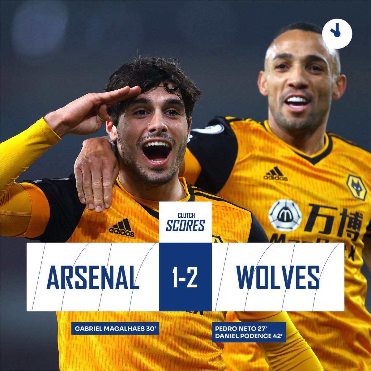 #ClutchScores
FT: Arsenal 1-2 Wolves
Wolves sukses curi 3 poin dari Arsenal dengan bantuan gol Pedro Neto dan Daniel Podence
#ARSWOL #PremierLeague https://t.co/O3BJusXMlE