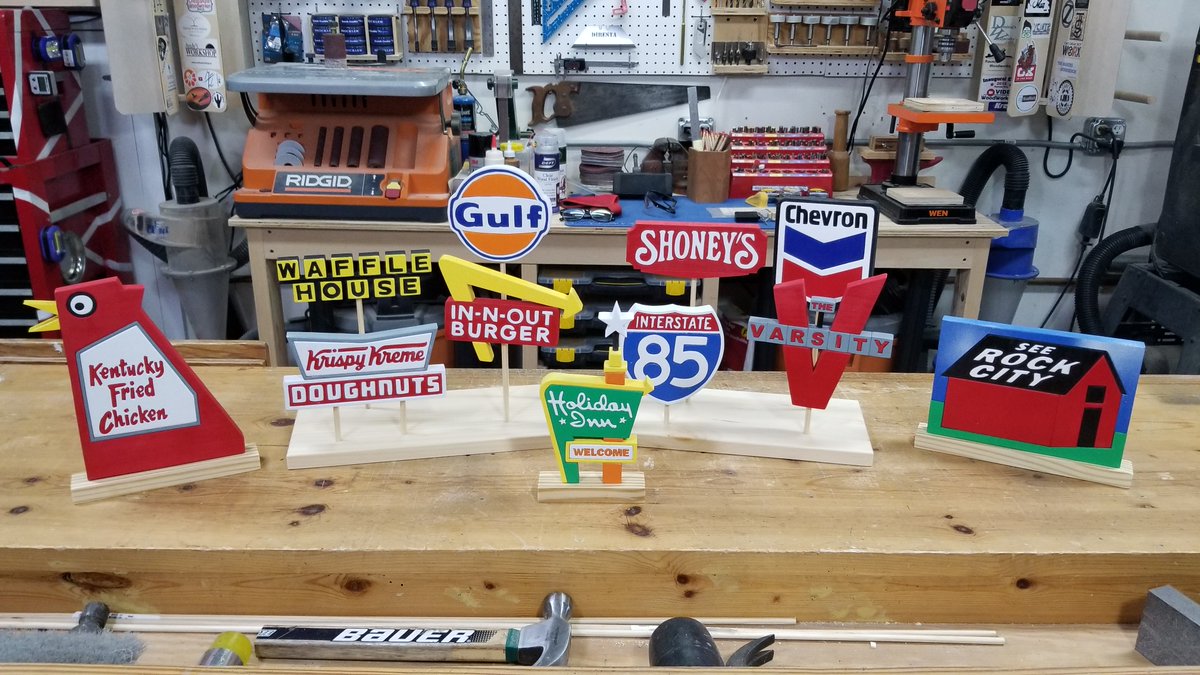 I made some Miniature Road Signs with my scroll saw.  Each letter and element is cut out and individually sanded, painted, and glued back together.  What road sign do you think would look cool made out of wood? 
Link to video:  youtu.be/yUzueS2z0Gc