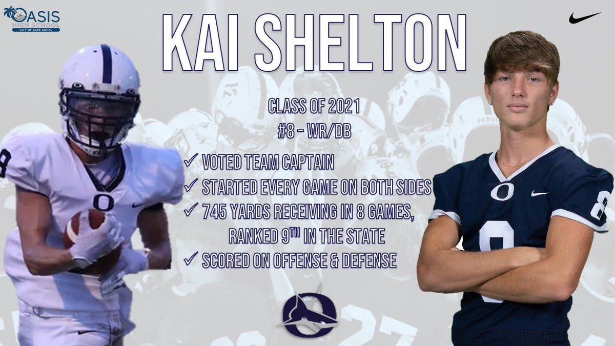 SharksOasisFB's tweet photo. 🦈Class of 2021🦈
@KaiiShelton
🔹Voted 2020 Team Captain
In 8 games:
🔹34 rec, 745 yds (9th in Florida), 5 tds
🔹35 tkls, 1 int, 1 Def td
Profile & Hudl link: https://t.co/AJs5XUQtZ5
DM for academic info!
🦈🏈🔥
#TheHunt #GoSharks #RecruitTheTranscript #RecruitOasis https://t.co/jC1MHyrxLF