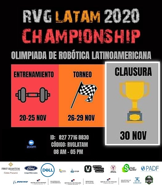 RobotVirtualgam's tweet image. 30 de noviembre  clausura  de la. 
OLIMPIADA NACIONAL DE ROBÓTICA STEAM LATINOAMÉRICA - RVG 2020
@BoeingSpace @PADForg @Dell
@stemdotorg @MiCulturaPma
@MeducaPma @PrimeraDamaPma
@SERTVPANAMA @Cobrepanama
@Ford_CA
@Cobre_Panama