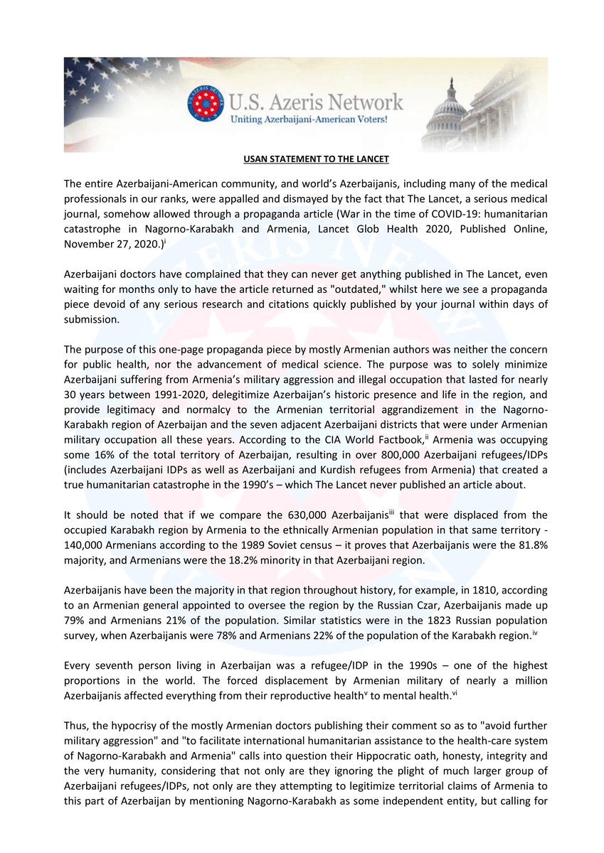 USAzerisNetwork's tweet photo. The U.S. Azeris Network (USAN)'s official response to the biased #propaganda comment published in the @TheLancet @LancetGH by a group of mostly #Armenian authors whose purpose was to solely minimize #Azerbaijani suffering from Armenia’s military aggression and illegal occupation. https://t.co/IxQCvomJWz