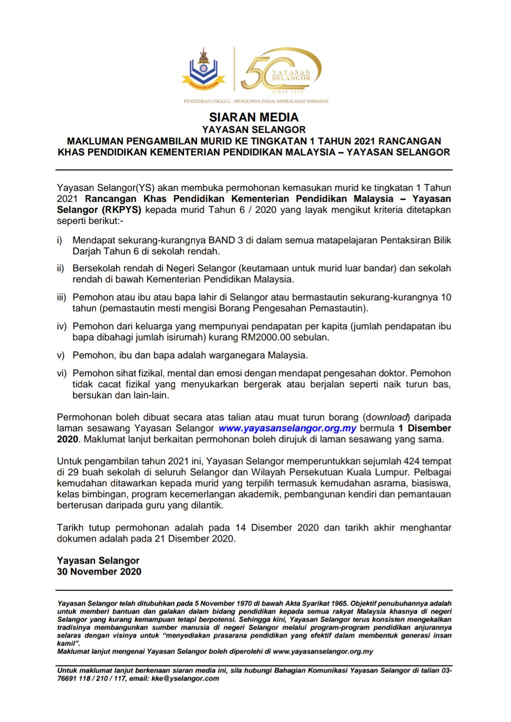 Yayasan Selangor Ys On Twitter Siaranmedia Pengambilan Murid Tingkatan 1 Tahun 2021 Rancangan Khas Pendidikan Kementerian Pendidikan Malaysia Yayasan Selangor Permohonan Akan Dibuka Esok 1 Disember 2020 Untuk Makluman Lanjut Sila