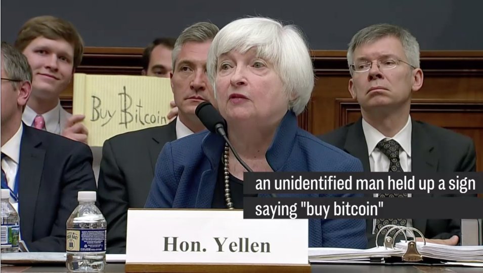 Back when we first got into Bitcoin in 2017, this photo was going viral.  Janet Yellen was on the Hill for a hearing when a creative in the crowd behind the televised broadcast held up this sign. The Crypto market went up that day. #SoGood #BuyBitcoin #CryptoBusinessSolutions