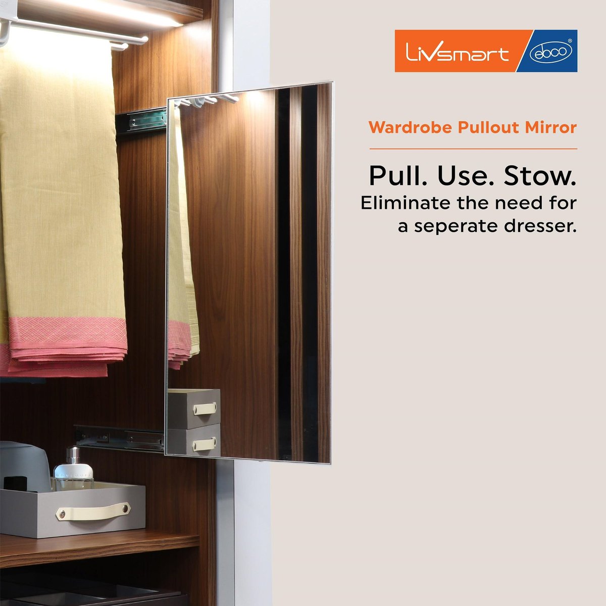 ebcohardware's tweet image. A dressing mirror that does not block bedroom space! Shop now at bit.ly/38PldYD

#WardrobeSolutions #PulloutMirror #SimplifyingLives #Livsmart #WardrobeMirror #Dresser #Ebco