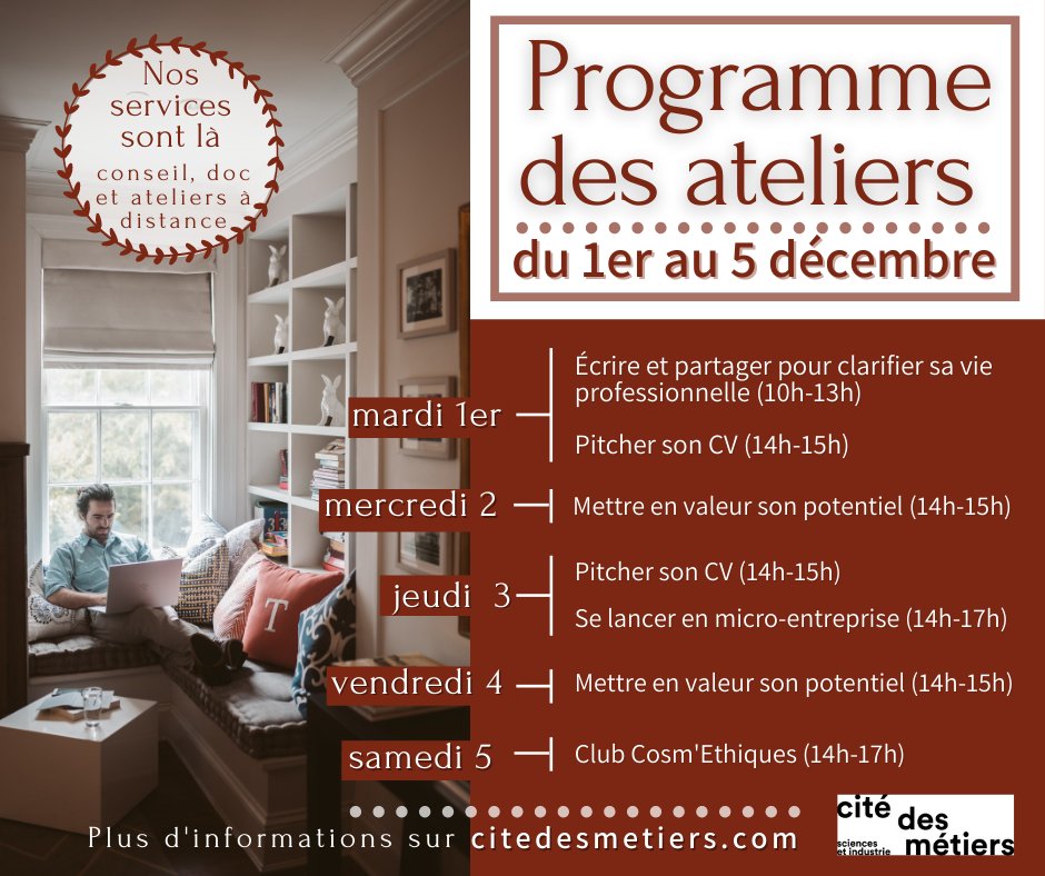 😀 Notre OFFRE À DISTANCE se poursuit pendant la fermeture :  ateliers, conseils individuels, documentation en ligne... 
Les ateliers en visio cette semaine 👇
+ infos : buff.ly/2OH64w3
<a href="/bibliothequeBSI/">Bibliothèque - Cité des sciences et de l'industrie</a> <a href="/citedessciences/">Cité des sciences et de l'industrie</a> @GRDR1 <a href="/RessacAdherent/">RessacVolontariat</a> <a href="/BGEPaRIF/">BGE PaRIF</a>