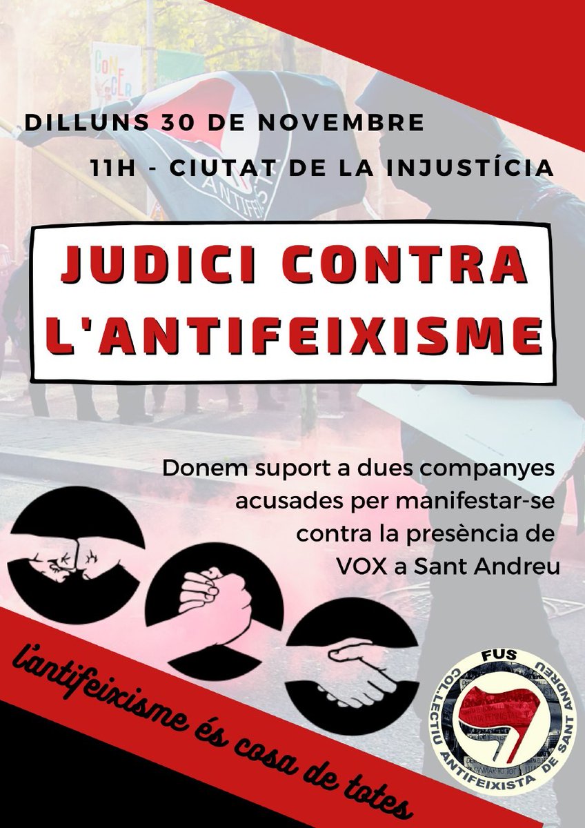 Avui jutgen a dues veïnes de Sant Andreu per manifestar-se contra un acte de Vox. 

Els hi demanen un total de 3 anys de presó! 

Demanem l'absolució perquè manifestar-se es un dret! I l'antifeixisme es cosa de totes! 

📌 Ciutat de la InJusticia
🕖 11h