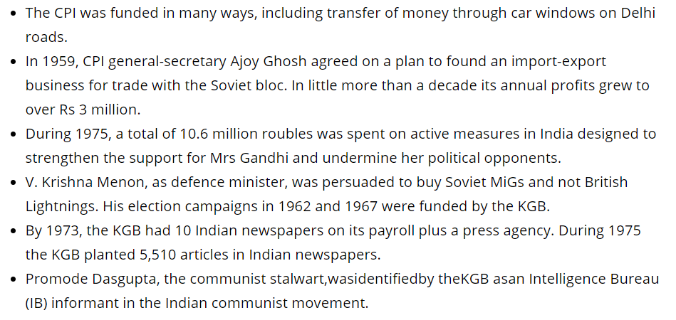 The shocking revelations in Mitrokhin Archive II written by Vasili Mitrokhin, a senior archival officer at KGB cited that Indira Gandhi govt was literally being operated via KGB in 70's-80's. 5/n